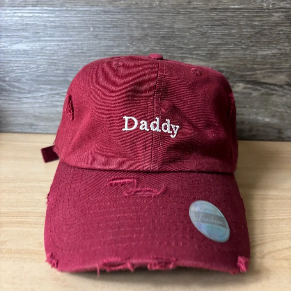 Daddy Hat Cap Strap Back Womens Red Maroon Distressed Adjustable